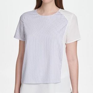 NEW DKNY Women Chiffon Top Blue Stripe White